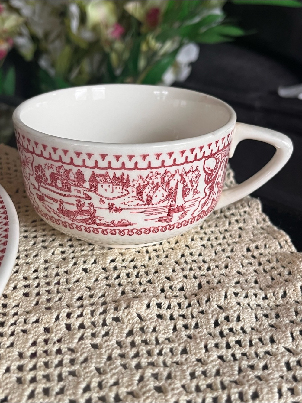 Classic Red Transferware Tea/Coffee Cup- White and Red